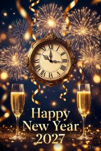 happy new year greetings with clock
