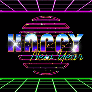 Animated greeting featuring fireworks and a city skyline