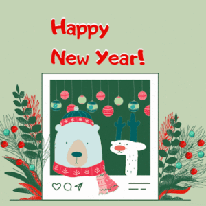 Festive New Year animation with balloons and confetti